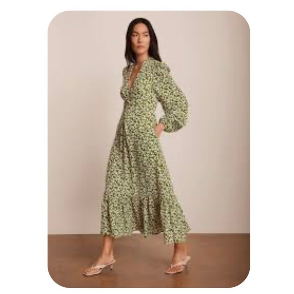A7 Jl‎ Luxe V Neck Green White Peach Puff Sleeves Tie Belted Waist Midi Dress